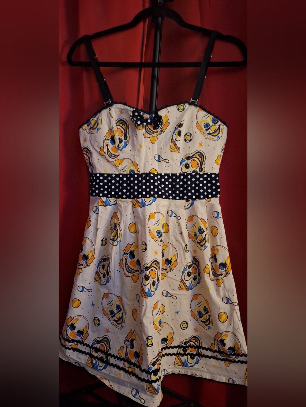 Sourpuss Cream Dress with Black Polka Dot Waist and Orange/Blue Print